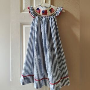 Babeeni Smocked USA America Flag Seersucker Dress 5 Year Old Girl 🇺🇸 🧨